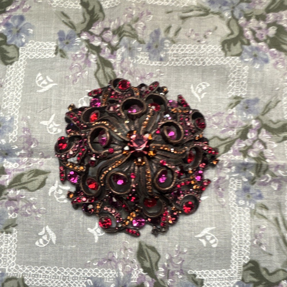 Vintage Red Rhinestone Berry Vine Brooch Pin Large Openwork Floral Statement