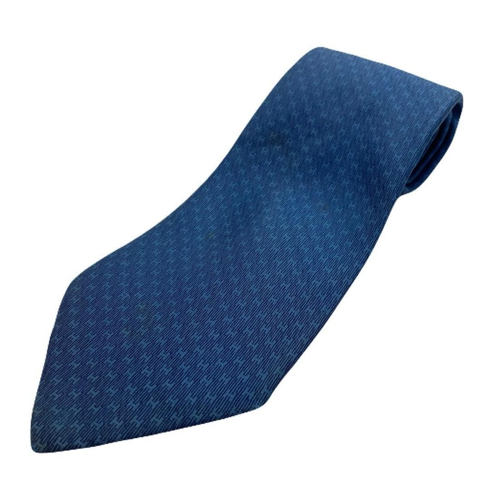 HERMES Necktie Tie Blue 100% Silk All over H Logo pattern Men's Made in France
