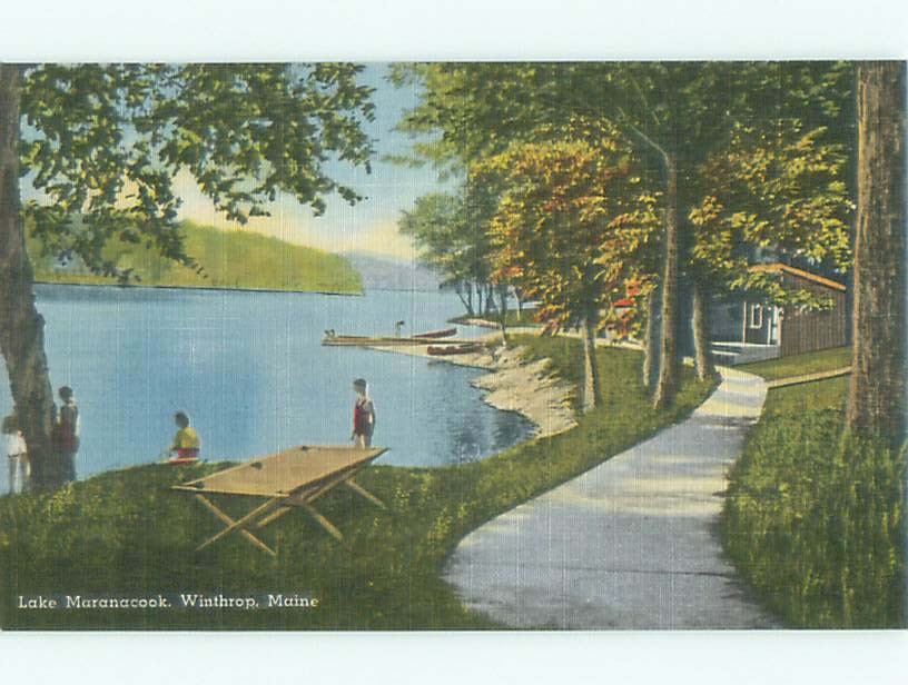 Linen LAKE SCENE Winthrop - Near Monmouth & West Gardiner & Augusta ME AE4617@