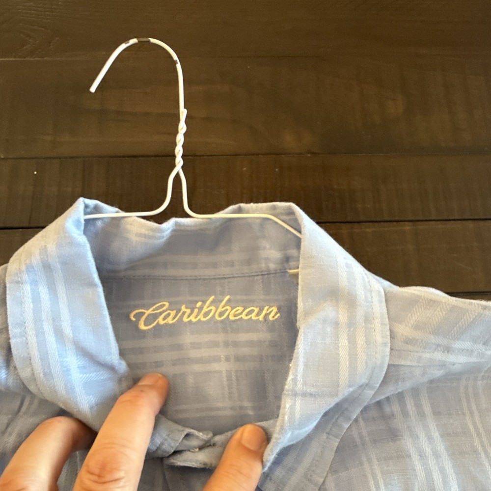 Caribbean Men’s Woven Linen/Cotton Button-Up Shirt Blue Striped Pockets 2XB