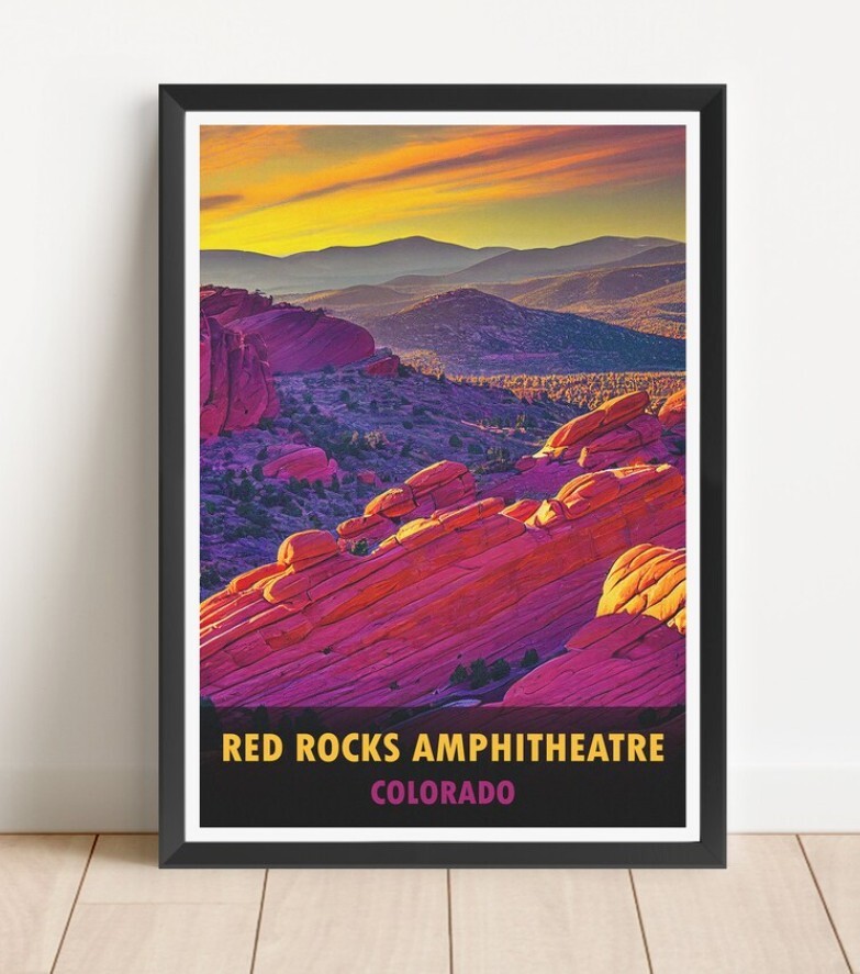 Vintage Colorado Travel Poster - Red Rocks Park & Amphitheatre Gift for Music Fans