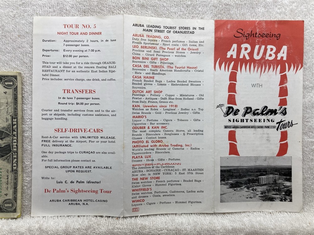 1950s 1960s Sightseeing Aruba De Palm's Tours Caribbean Brochure Vtg