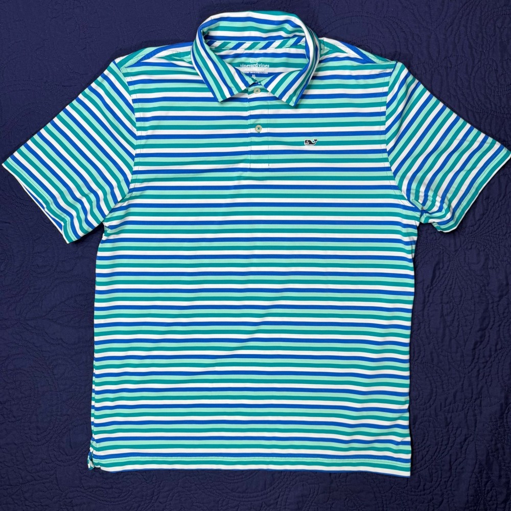 Vineyard Vines Boys XL 18 Performance Polo Shirt Striped Blue Teal Short Sleeve