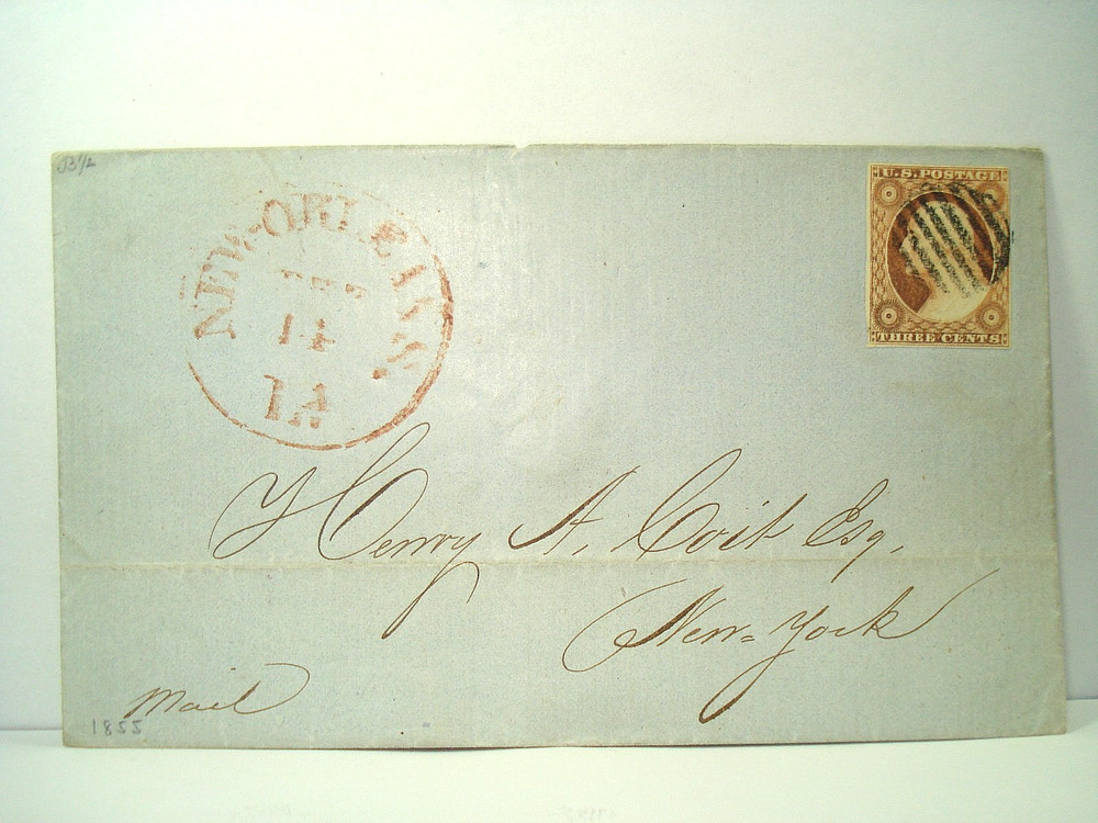 1850's RED BALLOON NEW ORLEANS LA Cover U.S. #11 3¢ GEORGE WASHINGTON Stamp GRID