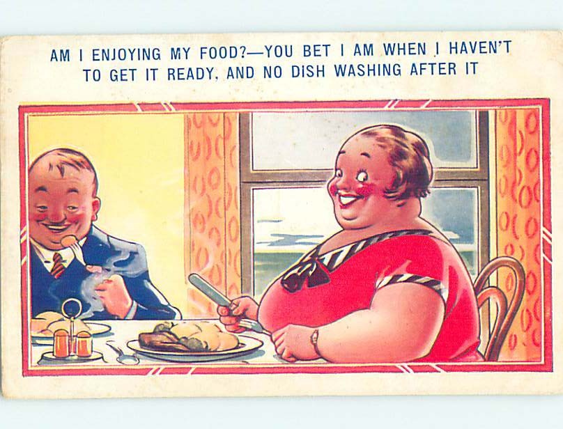 Bamforth comic BIG FAT WOMAN EATING THEIR DINNER : make an offer HL3080