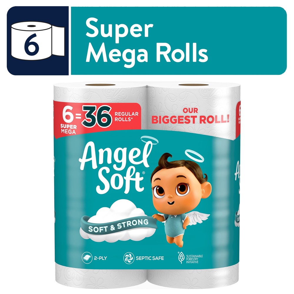 Angel Soft 2-Ply Toilet Paper, 6 Super Mega Rolls ,Septic Safe