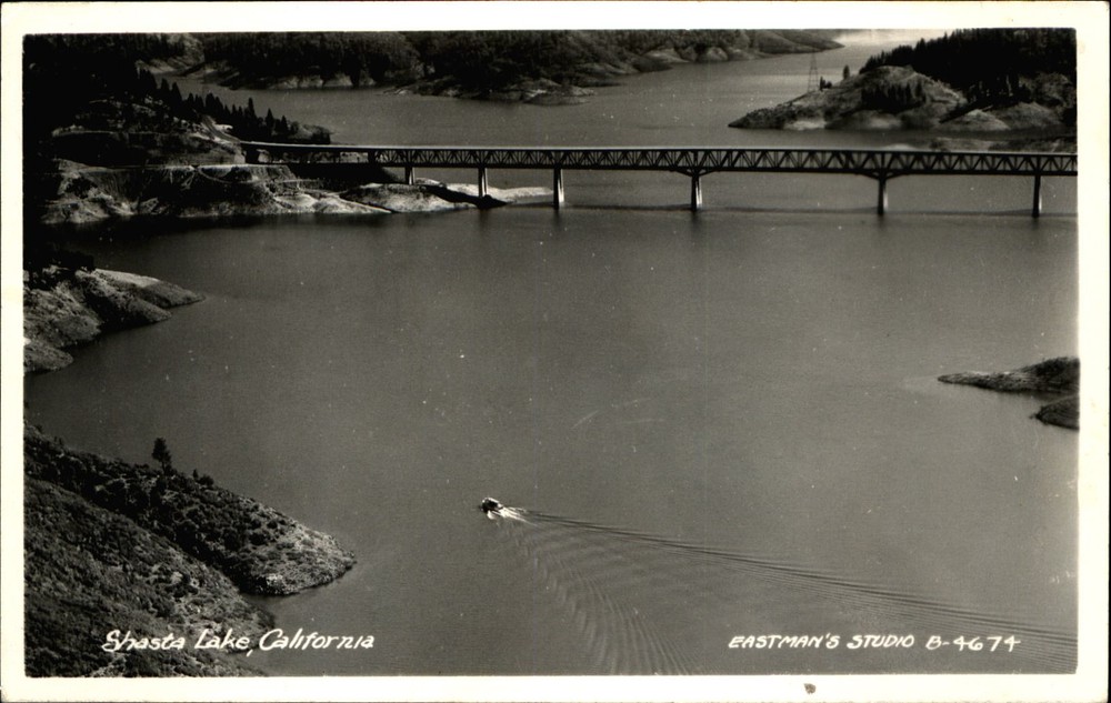 Shasta Lake California ~ Bridge aerial view~ RPPC real photo postcard ~Eastman's