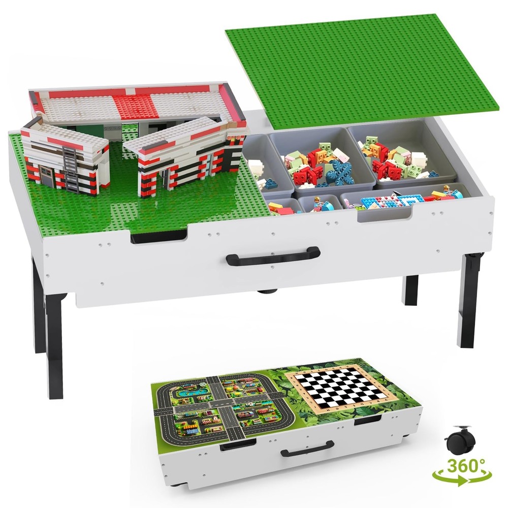 3 in 1 Lego Table with Storage,Wooden Kids Activity Table Compatible with Lego a