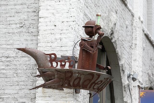 Metal-art sign above Boo Radley's Gift Shop in downtown Spokane, Washington