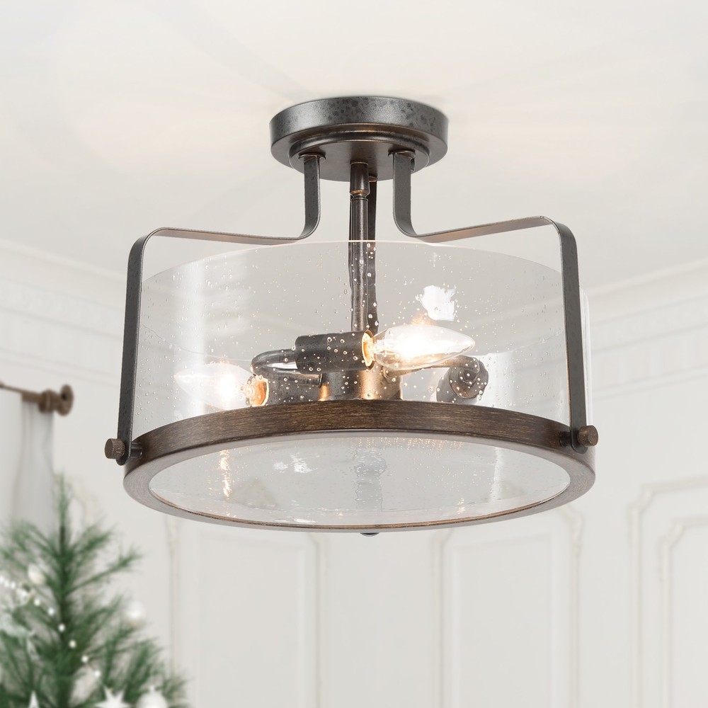 Modern Farmhouse 3-Light Brown Glass Drum Semi Flush Mount Ceiling Light D14 X H10.5