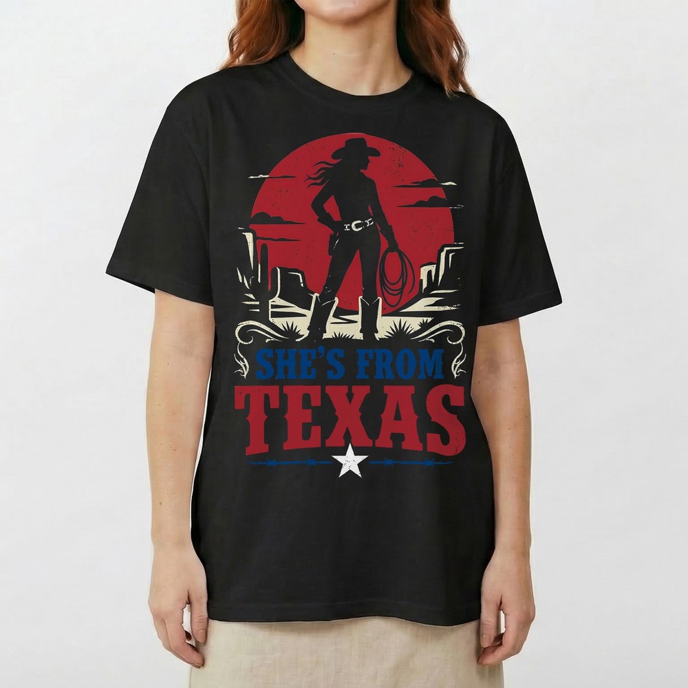 Shes From Texas Cowgirl Barbed Wire Western T-Shirt Horse Riding Desert Tee