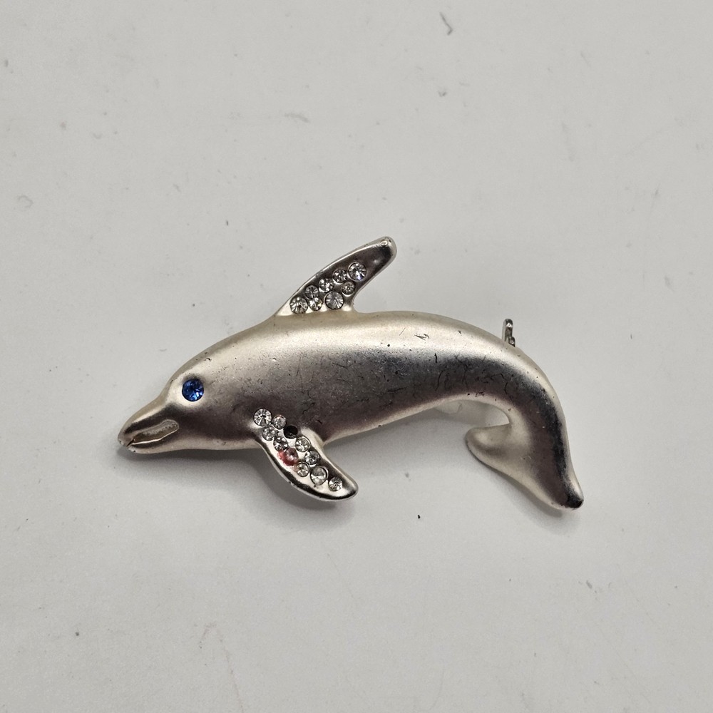 Silver Tone Brooch Pin Dolphin With Rhinestones Estate Find Ocean Nautical