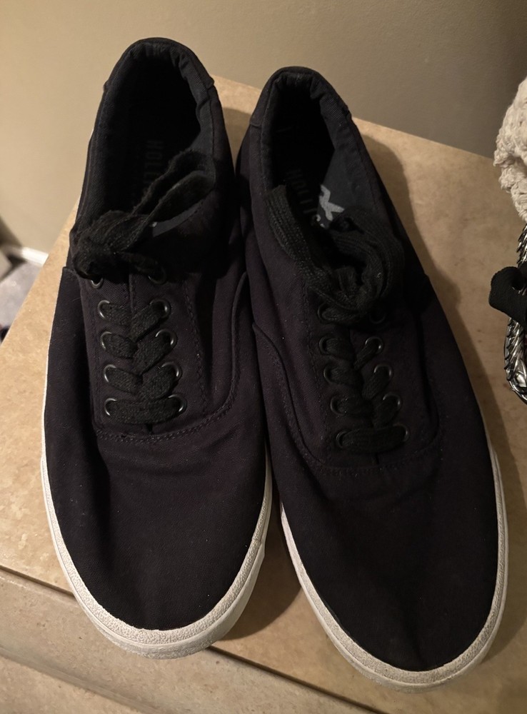 Hollister Skater Sneaker Black Canvas White Rubber Lace Up Boat Shoes Mens Sz 13