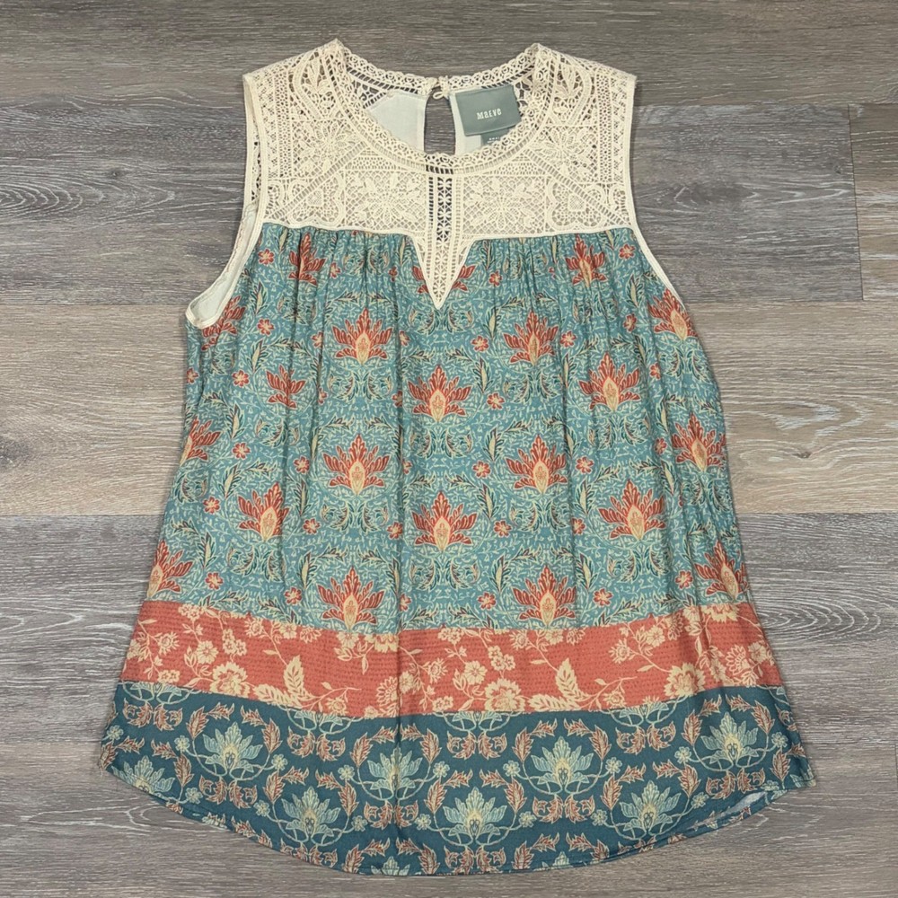 Maeve Anthropologie Teal Coral Floral Lace Yoke Sleeveless Top Small