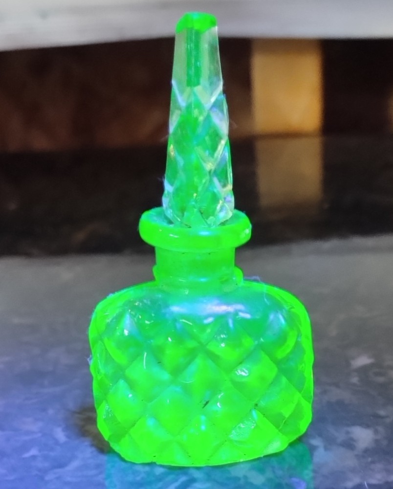 Vintage Czech Uranium Green Cut Glass Perfume Bottle Empty
