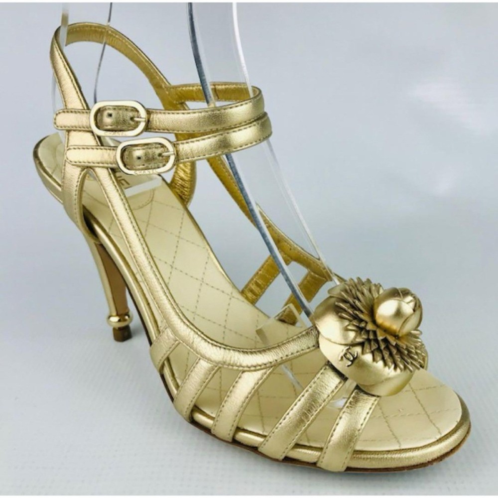Chanel Double Strap Sandals Gold Leather With Coco Mark