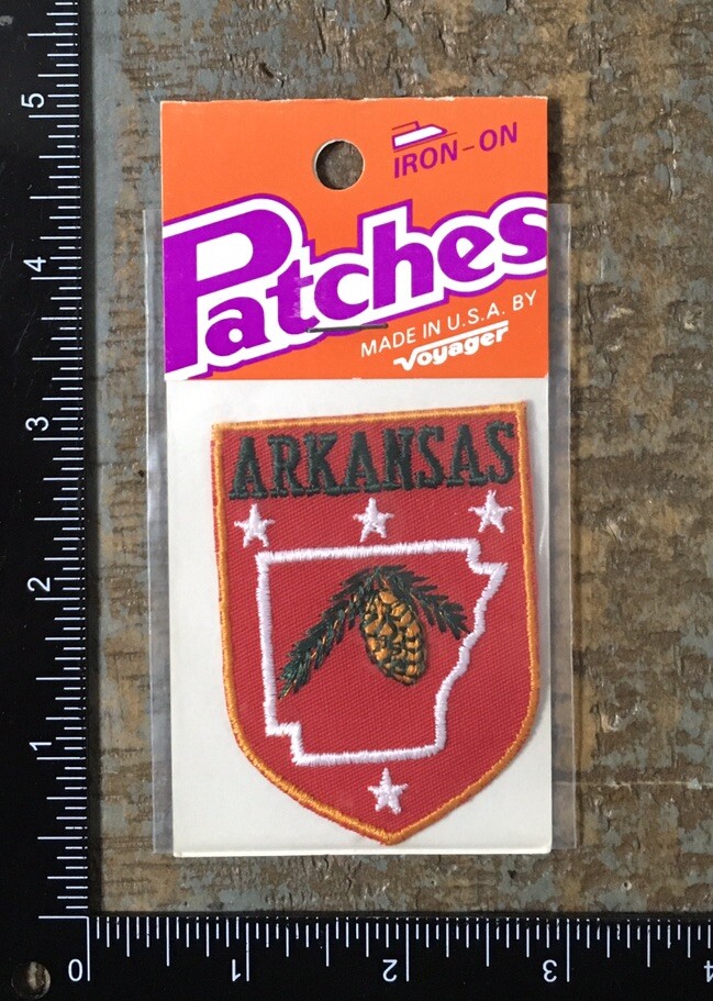 Vintage ARKANSAS Pine Cone State Map Outline Travel Souvenir Patch MIP Voyager