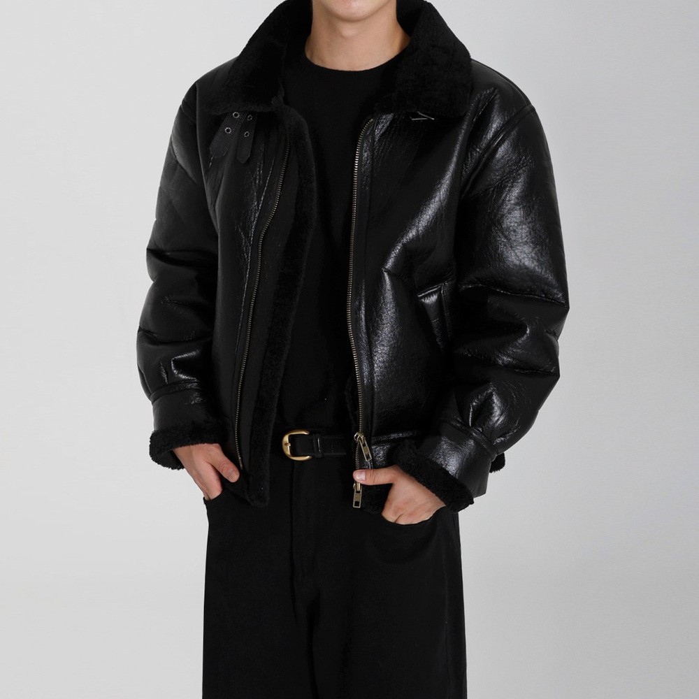 Korean Lapel Wool Fur Collar PU Leather Cotton Coat Men Winter Warm Loose Jacket