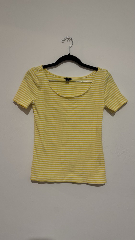 Ann Taylor Yellow White Striped Scoop Neck Short Sleeve T-Shirt Womens Size XS