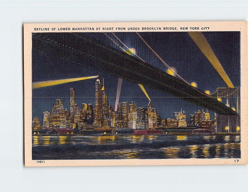 Postcard Skyline Of Lower Manhattan At Night From Under Brooklyn Bridge USA