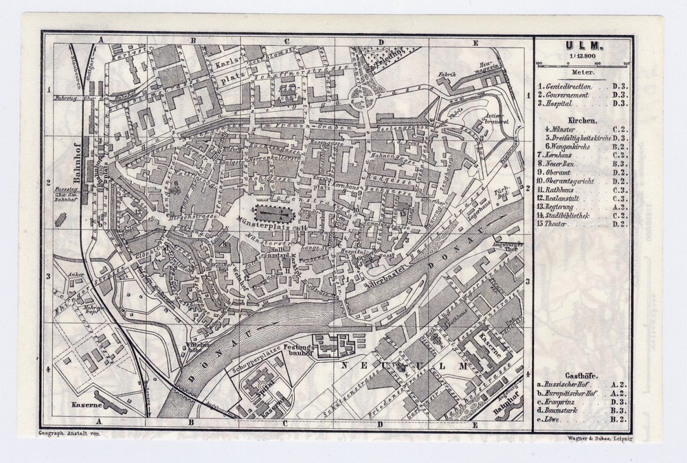 1895 Original Antique Map Of Ulm / Bavaria Germany