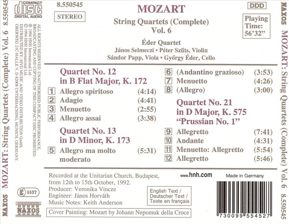 Eder Quartet Mozart: String Quartets (Complete), Vol. 6 New Cd