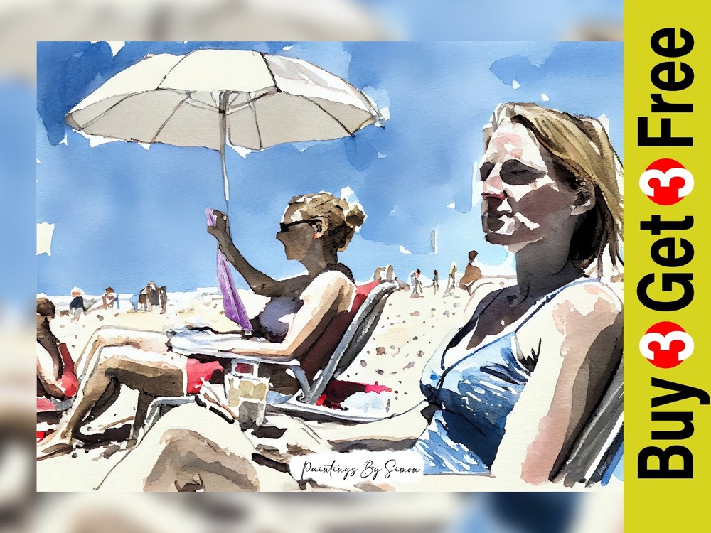 5x7 Serene Beach Day Watercolor Art Print on Matte Paper for Relaxation