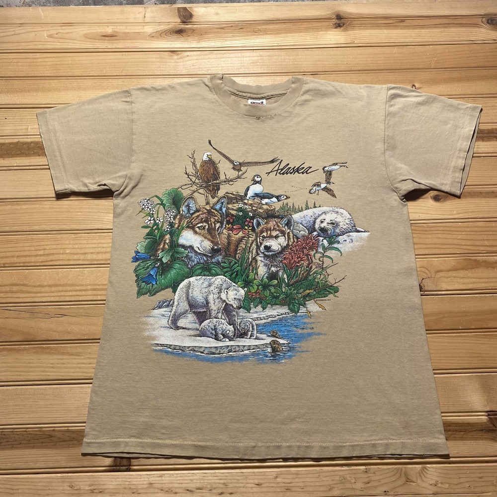 Vintage 90s Alaska Wildlife Animals Nature Outdoor Graphic T-Shirt USA - Large
