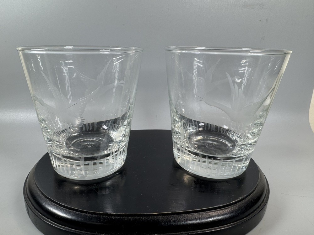 Vintage MCM Etched Bird Cattails Rocks Glasses Set of 2 Heavy Base