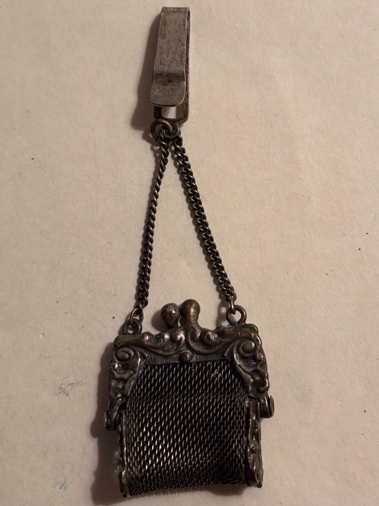 Antique Chatelaine  Mesh Miniature Coin Purse Victorian w Clip, Doll Size