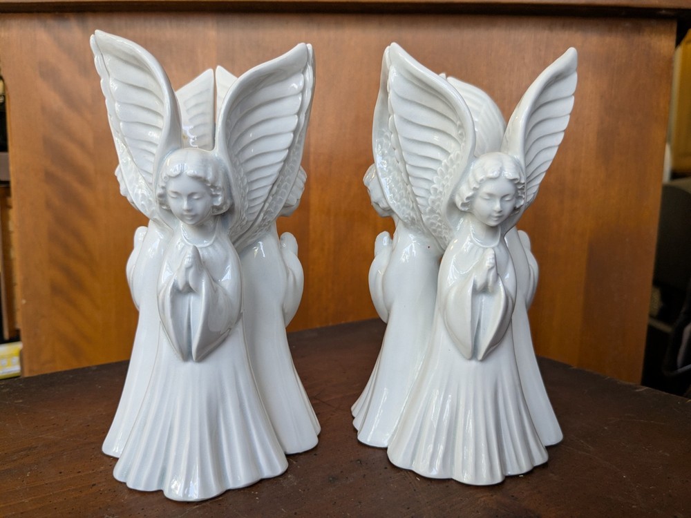 Set of 2 Vintage Fitz & Floyd White Ceramic Praying Angel Candle Holders