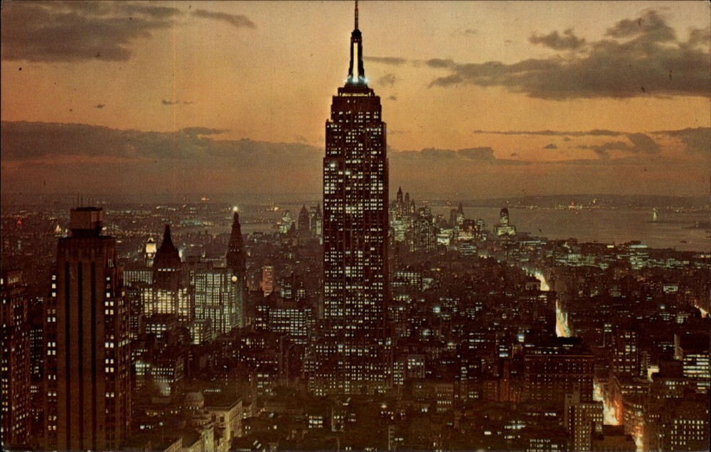 New York City New York Empire State Bldg aerial night unused vintage postcard
