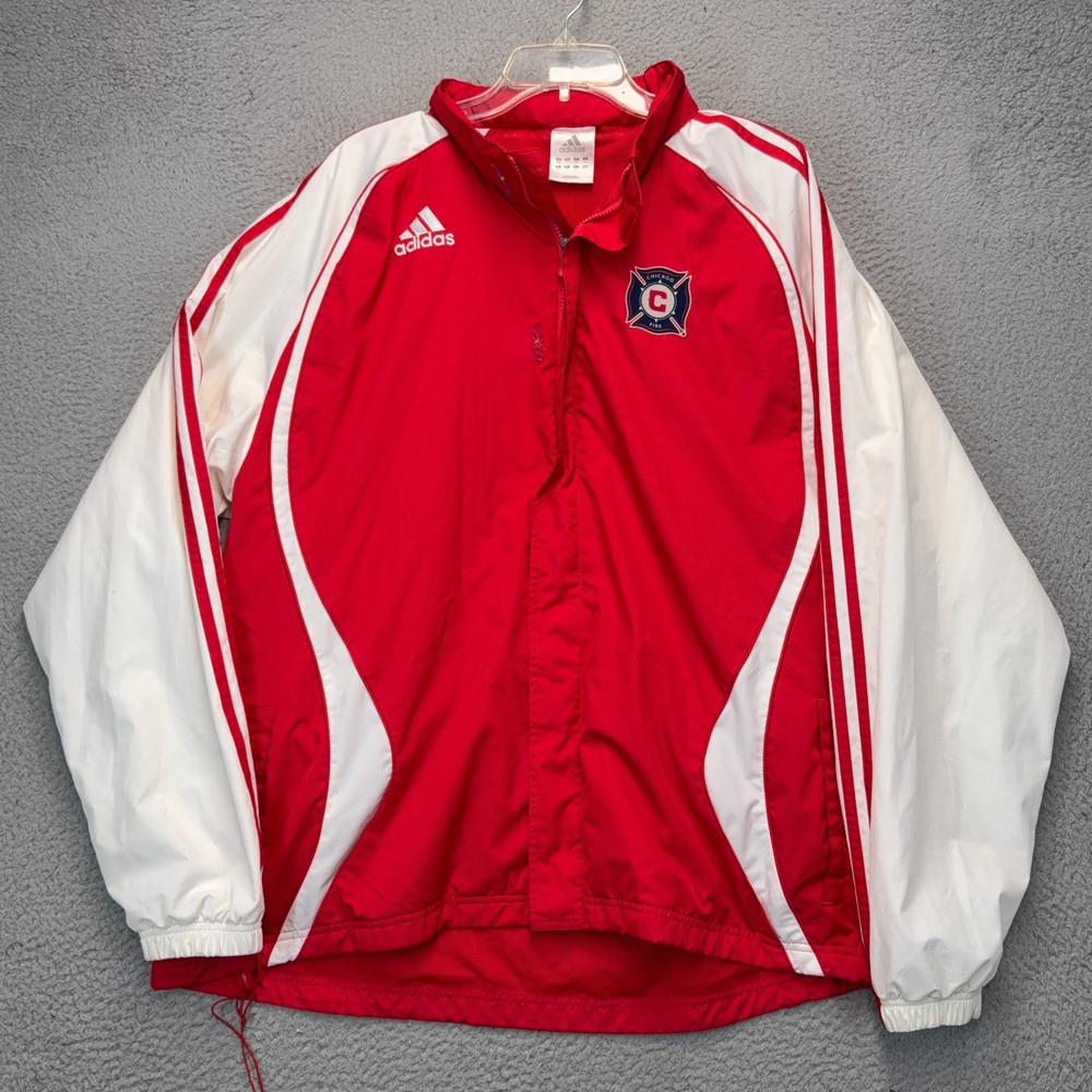 Chicago Fire Windbreaker Jacket Mens Large Red White Adidas Full Zip Hood Vented