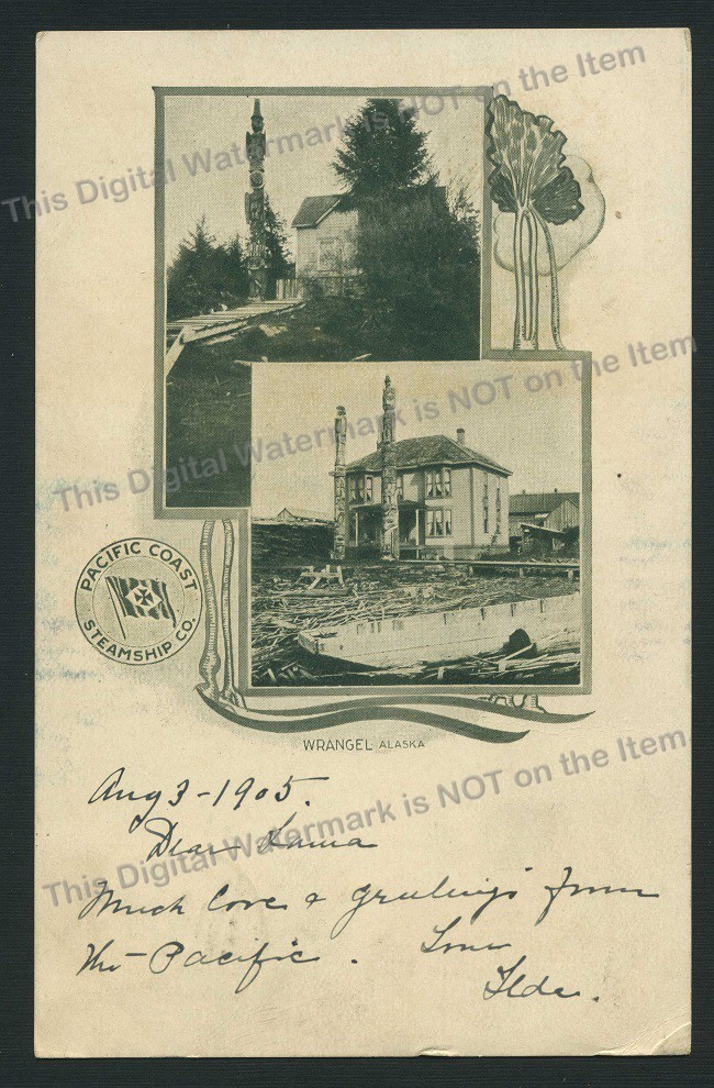 1905 RPPC Fort Wrangel AK Chief Shakes Totem Pole + Chief Kadashan House Totems