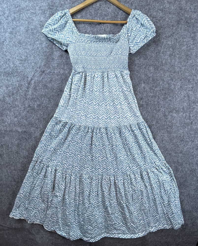 Anthropologie Daily Practice Tiered Maxi Dress Womens XS Blue Chevron Smocked