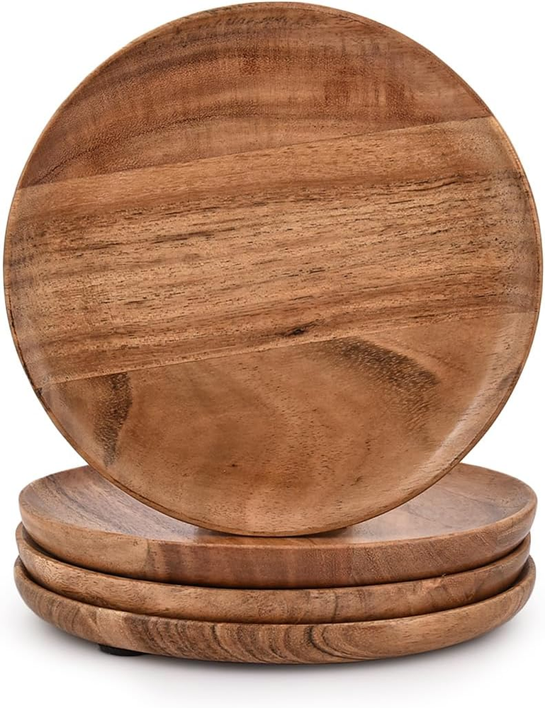 Acacia Wood round Wood Plates Set of 4, Easy Cleaning & Lightweight for Dishes S-image
