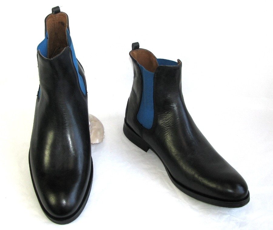 JUCH Fischer Blue Satin Chelsea Boots Black Leather Size 42 New with Box