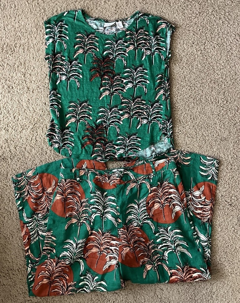 Nicole Miller 100% Linen Palm Print 2pc Set L XL Green Resort Costal Chic