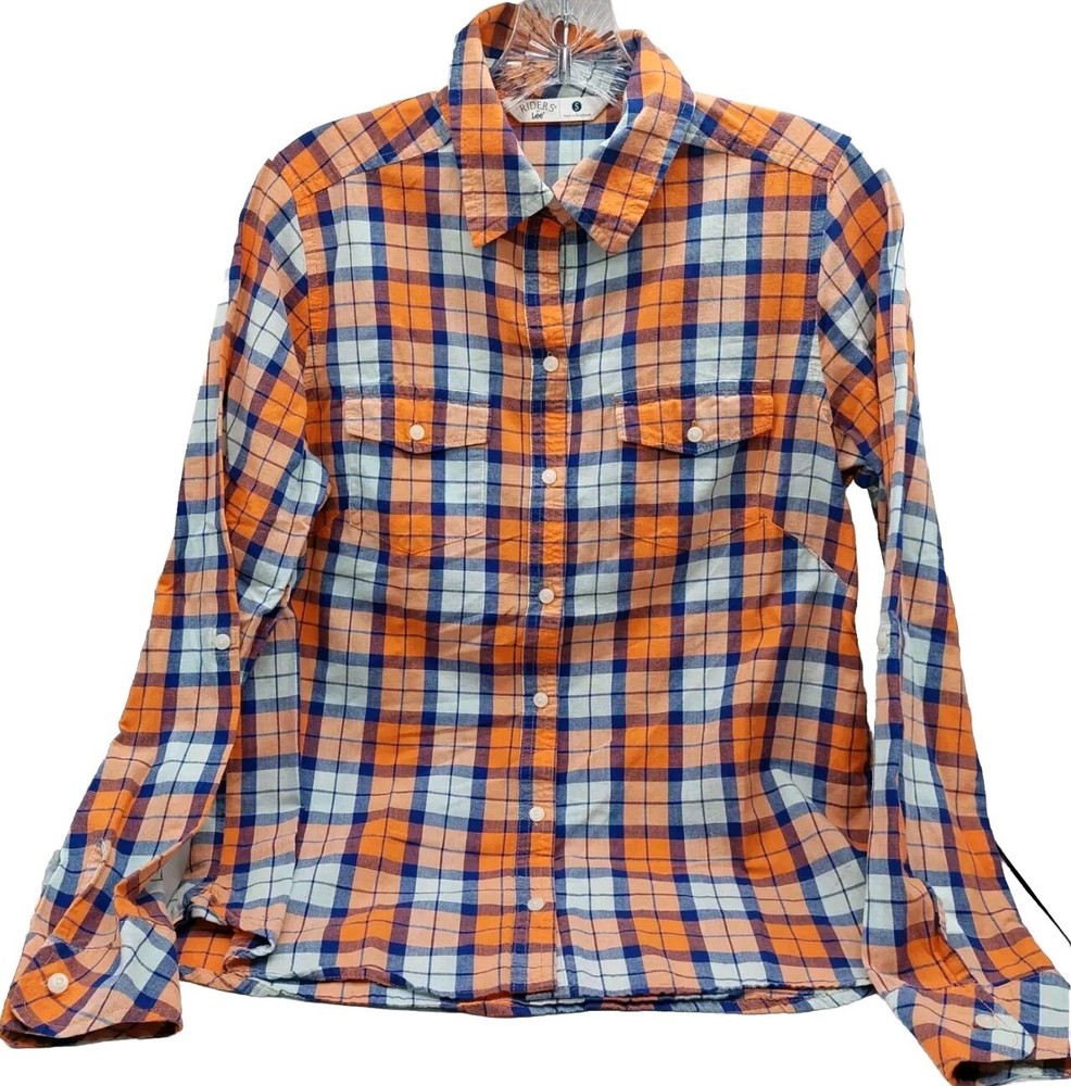 LEE Riders Women's Shirt Size Small Long Sleeve Button Orange Blue Plaid Cowboy