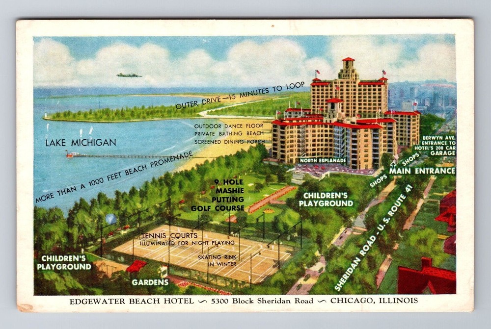 Chicago IL-Illinois, Aerial Edgewater Beach Hotel, Advertise, Vintage Postcard