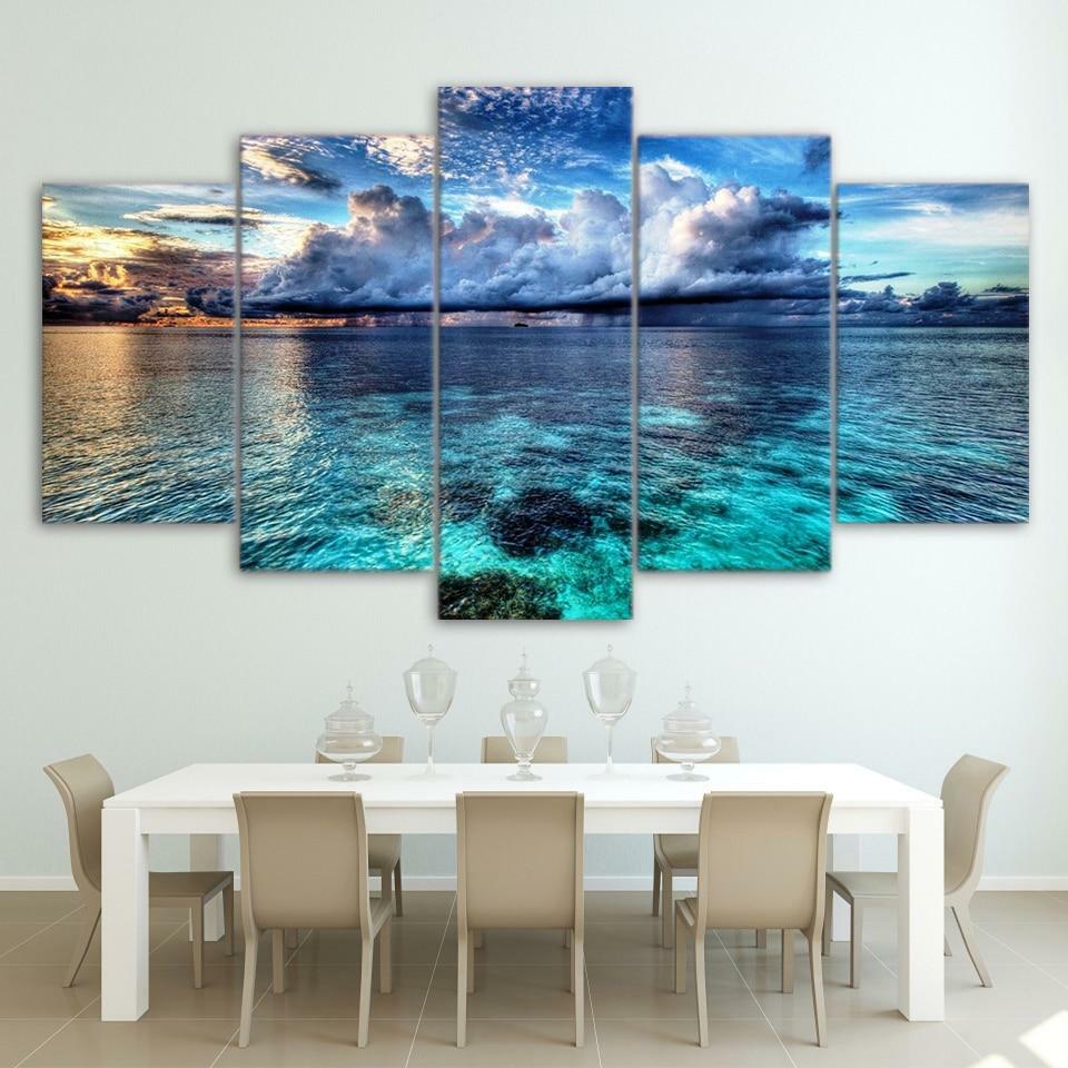 Beautiful Seascape Ocean Clouds Wave Framed 5 Piece Panel Canvas Wall Art Print