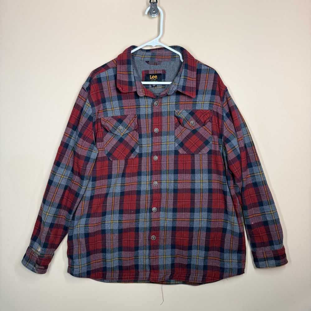 Lee Button Down Heavy Flannel Shirt Jacket Red Grey Plaid Pockets Men's Size XL