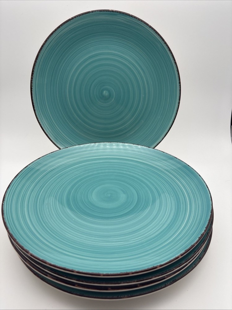 Royal Norfolk Turquoise Teal Swirl Stoneware 10 5/8”Dinner Plates LOT OF 5