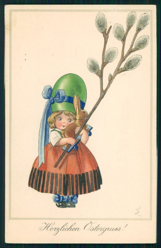 Happy Easter Best Wishes Girl Rabbit Eggs Hat Meissner Buch 2582 postcard TC2931