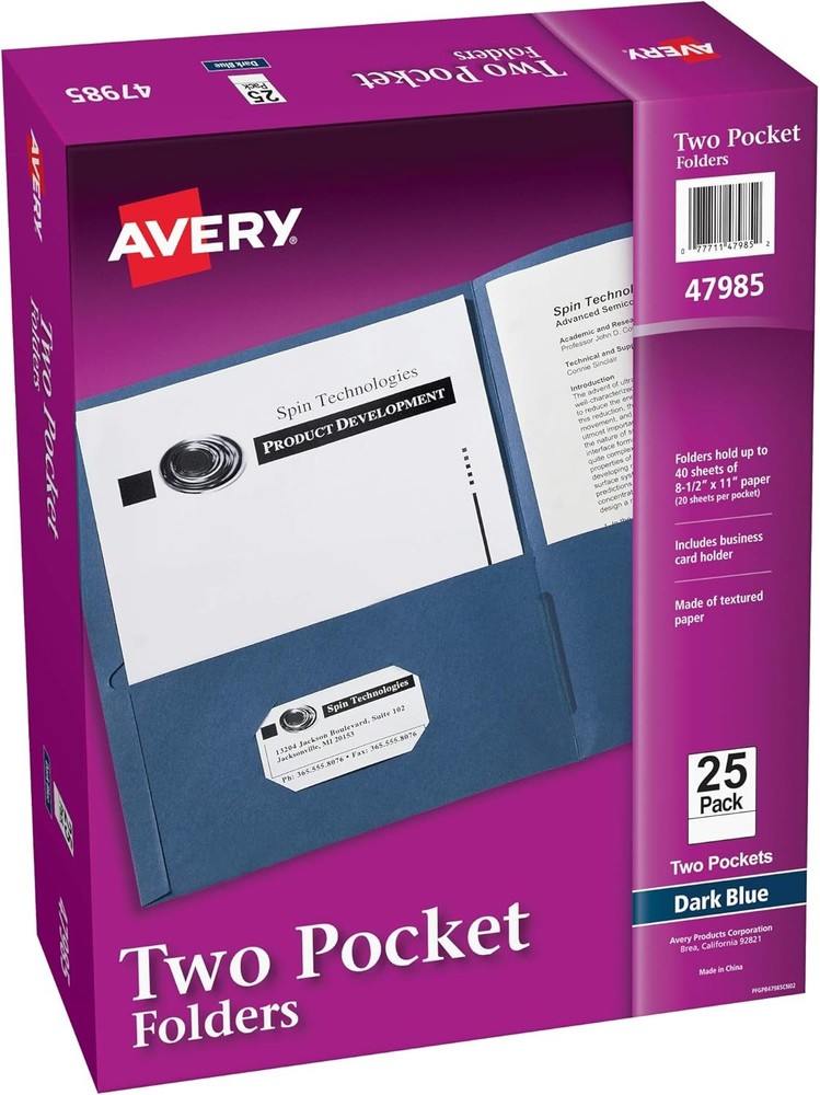 Two Pocket Folders, Holds up to 40 Sheets, Business Card Slot, Ideal