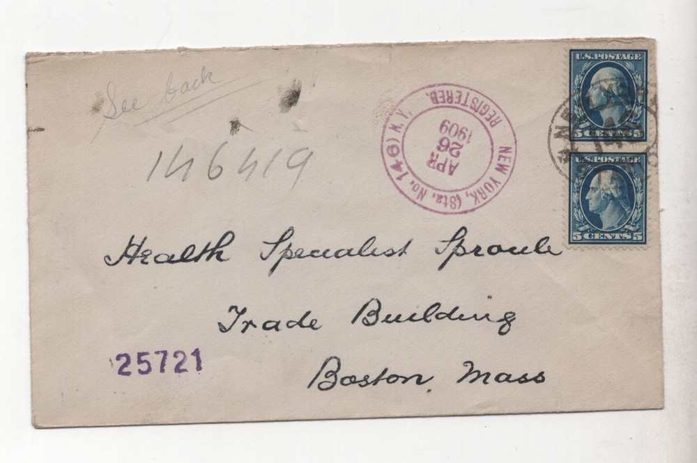 Us 1909 Scott #335 Pair And Scott #307 On Back On Registered New York