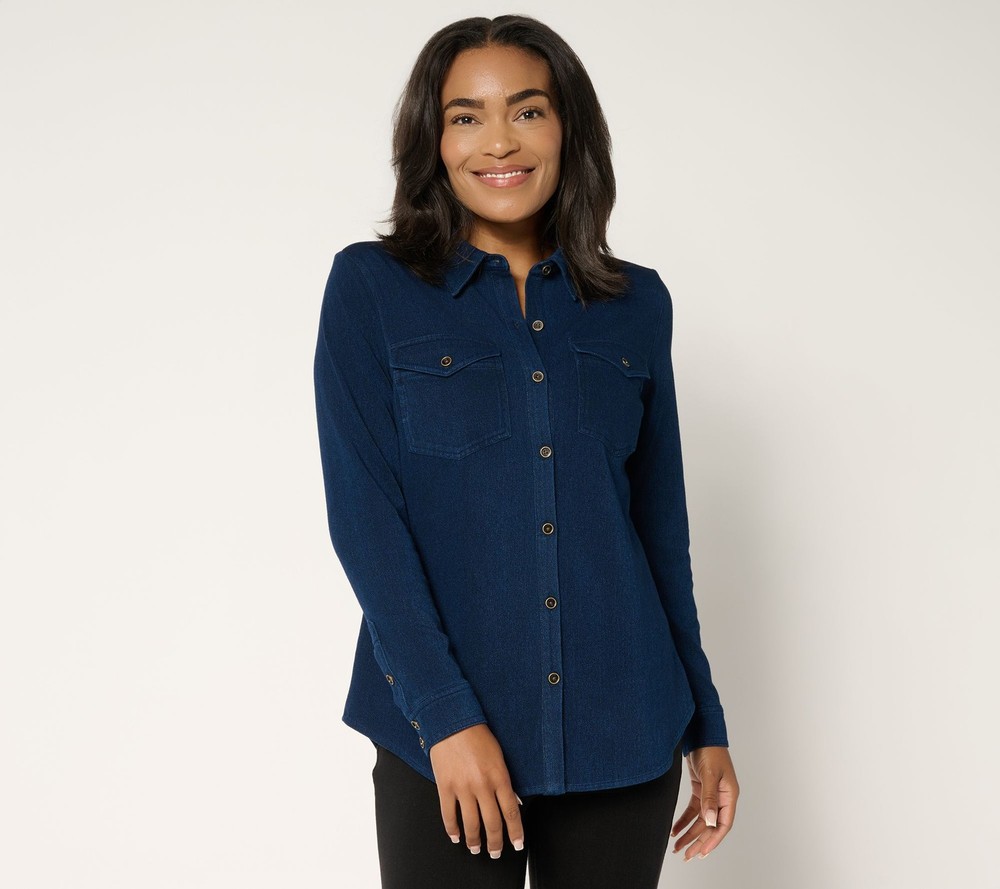 Susan Graver Women's Top Sz M Cool Touch Denim Button Front Shirt Blue A706989