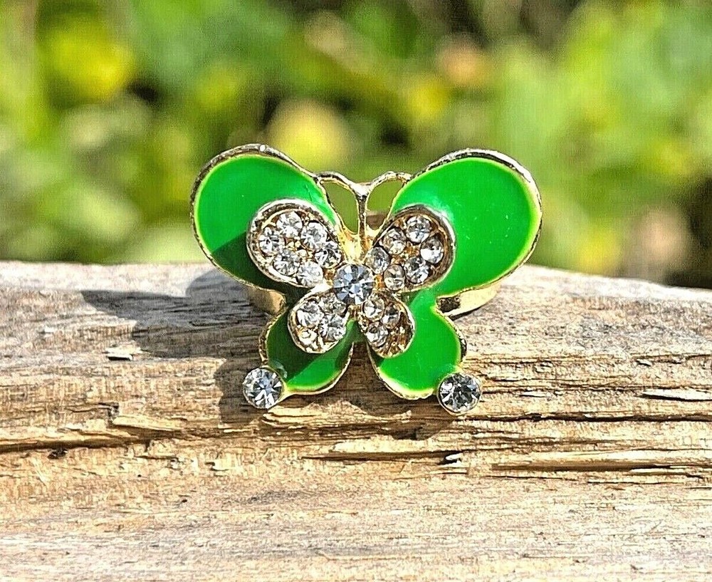 Green Gold Butterflies Crystal Rhinestone Adjustable Steel Alloy Ring Size 7.75