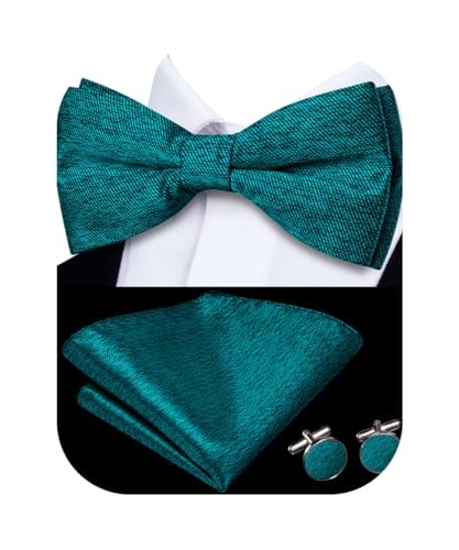 Men's Teal Designer Pre-Tied Bow Tie Set with Pocket Square & Cufflinks