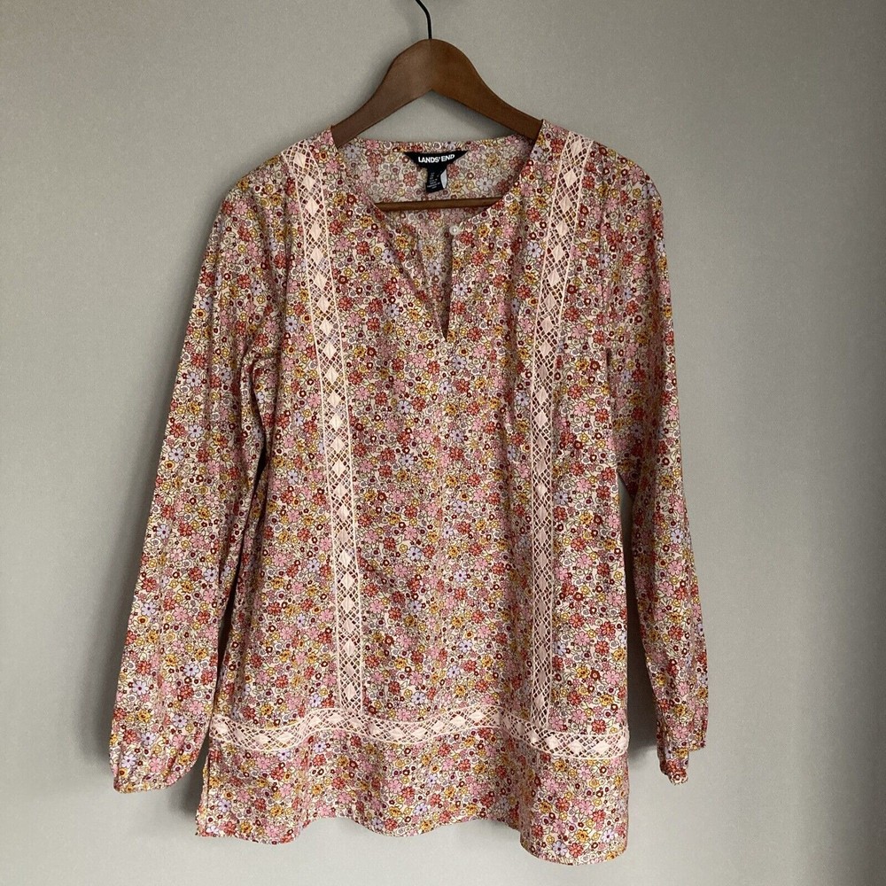 Floral Cottagecore Top Womens S Pink Boho Grandmacore Crochet Tunic Lands End